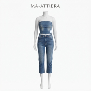 <b>Women</b> Blue Denim Tube Top And <b>Cropped</b> <b>Jeans</b> Set Strapless Two Piece Casual Summer Matching Outfit Streetwear Fashion - Product Image 3