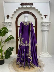 Traje Sharara Azul Oscuro Bordado para Mujer, Ropa India y Pakistaní, Atuendo de Fiesta y Boda con Lentejuelas, Secado Rápido - Product Image 2