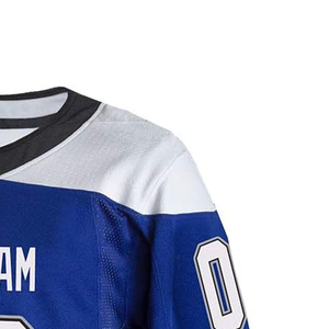 Maillot de hockey sur glace personnalisé, col en V, manches longues, impression sublimée, polyester respirant, unisexe adulte, bleu et blanc, numéros d'équipe - Product Image 4