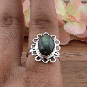 Natural Labradorite Bezel Setting <b>Ring</b> 925 Sterling <b>Silver</b> Dainty Minimalist Blue Flash Women Handcrafted <b>Boho</b> Fine Jewelry - Product Image 1