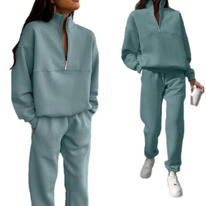 Ensemble de survêtement pour femme, couleur unie, demi-zip, manches longues, coupe ample, sweat-shirt et pantalon décontractés avec poches latérales, vêtements d'automne - Product Image 1