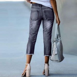 Jeans courts pour femmes à ourlet effiloché, coupe slim droite, en denim extensible, décontractés, hiver, 100% coton, séchage rapide - Product Image 4