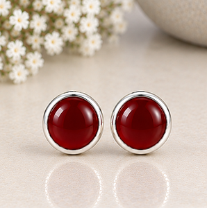 Red <b>Onyx</b> Silver Stud <b>Earrings</b>, Red <b>Onyx</b> Gemstone <b>Earrings</b>, 925 Sterling Silver Round Studs, Deep Red Stone <b>Earrings</b>, Minimalist - Product Image 4