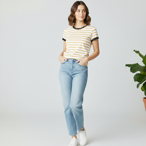 Camiseta de Mujer Blanca con Estampado a Rayas Color Mostaza, Estilo Pullover de Alta Calidad, Precio al por Mayor con OEM - Product Image 5