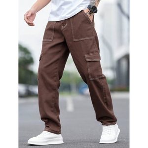Jean cargo en denim marron moderne pour homme, coupe ample, style vintage, écologique, respirant, hiver, délavé, grande taille, thème rétro - Product Image 1