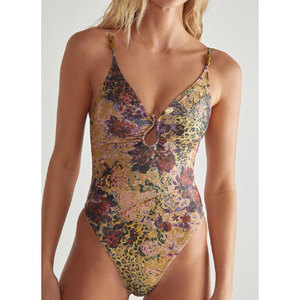 Traje de baño de una pieza con estampado floral para mujer, cuello en V profundo, corte alto, elástico, con detalles calados - Product Image 1