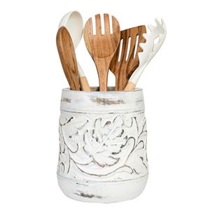 Porte-ustensiles en bois sculpté à la main, motif feuille vintage, style vieilli, pot à ustensiles de cuisine, organisateur de spatules bohème, fabricant en gros - Product Image 5