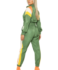 Women Plus Size Summer Sportswear Windbreaker Tracksuit Set Zip-Up Green Color Blocking Full Sleeve Zipper Sporty <b>Jogger</b> Pants - Product Image 2