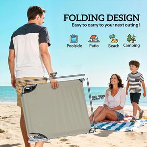 Cream White Outdoor <b>Pool</b> Folding <b>Tanning</b> Lounge Chair with Sun Shade Aluminum Frame and Olefin Cushion for Poolside Use - Product Image 5