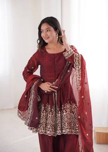 Women Embroidered Heavy Two Tone Fandy Silk Salwar Kameez Set Velvet Dupatta Traditional Indian Pakistani Graduation Diwali - Product Image 5