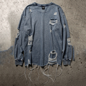 เสื้อยืดเดนิมคอตตอนทรงดิสเทรส แขนยาว คอกลม กันลม สำหรับผู้ชาย - Product Image 6