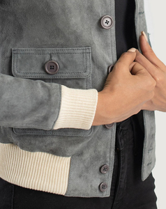 Blouson Bomber en Daim Gris pour Femme 2026, Col Montant, Manches Longues, Fermeture Boutonnée, Collection Automne, Prix Bas, Vente en Gros - Product Image 5