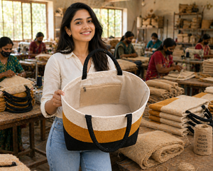 Bolsa de Compras de Yute Premium Tricolor Mostaza, Blanca y Negra con Asas Negras |   Cierre Abierto Elegante y Ecológico para Uso Diario - Product Image 1