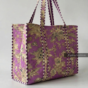 Handcrafted Jaipur Hand Block Print Quilted Cotton Tote <b>Bag</b> <b>Large</b> Capacity Floral Handbag for Women Travel <b>Beach</b> Shoulder <b>Bag</b> - Product Image 4