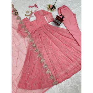 Atractivo pantalón de vestido de hilo de seda de organza con Dupatta y trabajo de secuencia en rosa bebé - Product Image 3