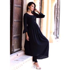 Beautiful Black Casual Kurta Set with Kashmiri <b>Red</b> Dupatta XS Size Rayon <b>Material</b> for India & Pakistan - Product Image 2