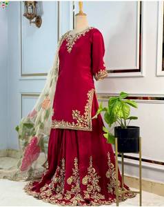 Maroon Embroidered Silk Salwar Kameez Set Floor-Length Traditional Women's Wedding <b>Dress</b> with Gold Threadwork India Pakistan - Product Image 1
