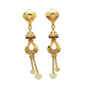 Elegant 22k Solid Gold <b>Long</b> Drop <b>Earrings</b> Traditional Indian Bridal Jhumka Style Handcrafted Fine Gold Dangle Jewelry - Product Image 2
