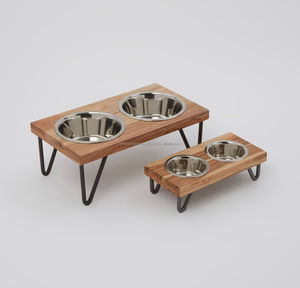 Mangeoire pour chien Double Diner Acacia Support surélevé en bois Bols en acier inoxydable TNT Rod Legs Pet Double Dish Feeders for Pets Feeding - Product Image 1