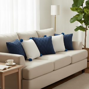 SOGA 5PC <b>Navy</b> Blue Diamond Knit Pillowcase Cream White Ribbed Knit <b>Pillow</b> Cover Pom-Poms Decorative Throw <b>Pillows</b> Set for Decor - Product Image 2