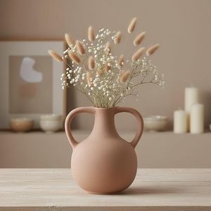 Modern Pink Ceramic <b>Vase</b> Double Handle Coastal Design Eco-Friendly <b>Small</b> Matte Porcelain Tabletop Decor for Home Wedding - Product Image 1