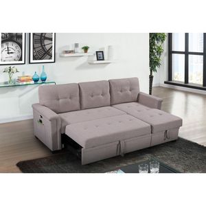 Divano Sezionale Reversibile Ashlyn 84 Pollici Grigio Chiaro con Chaise Longue Contenitore, Porte USB e Tasche - Divano Letto con Ricarica USB - Product Image 3