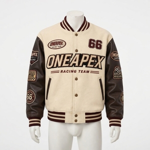 Men's Cream Brown <b>Racing</b> <b>Jacket</b> Motorsport Letterman Bomber <b>Jacket</b> Embroidered Streetwear Wholesale Apparel - Product Image 1
