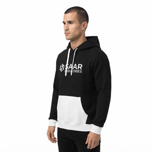 Men's Black Hooded <b>Fleece</b> <b>Sweatshirt</b> with White Panel and Front Logo Print Loose Fit Casual Winter ODM Anti-Pilling - Product Image 5