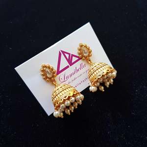 Elegant Matte Jhumka Earrings with White Pearl Stone for Party - Product Image 1