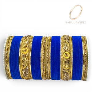 Hot Selling Gold Plated Blue Bridal Jewellery Bangles Set with Blue Velvet Bangles Wholesale Price for Women - Product Image 1