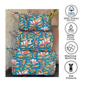 Premium Hand Block Print Quilted Cotton Makeup Pouch Set Waterproof Travel Organizer Handcrafted Sustainable Cosmetic <b>Storage</b> - Product Image 2