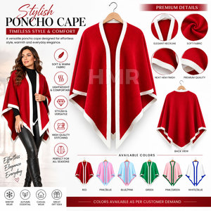 HMR Sorority Sisterhood Red Acrylic 100% Premium Wool <b>Cape</b> Shawl Open Poncho Red White Trim Winter Sweater Coat - Product Image 6