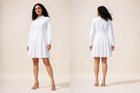 Robe chemise en coton blanc pour femmes, manches longues, plissée, mi-longue, décontractée, confortable, élégante, moderne, vintage, chemisier pour femmes, été
