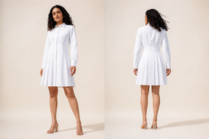 Robe chemise en coton blanc pour femmes, manches longues, plissée, mini-robe décontractée, confortable, élégante, chemisier pour femmes, robe d'été - Product Image 3
