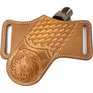 Custom personalized leather knife sleeve with a built in <b>fire</b> starter loop and pocket for outdoor survival camping - Product Image 4