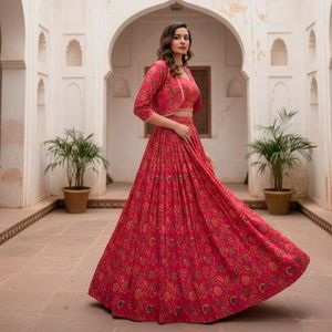 Lehenga de seda rosa con estampado floral y elegante blusa Koti, completamente cosida, de primera calidad, lista para usar, precio al por mayor de Royal Export. - Product Image 3