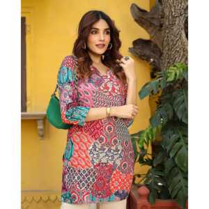 Conjunto de Kurta Corta Transpirable de Crepé con Parches Variados para Mujer, Talla XS, con Mangas Tres Cuartos - Product Image 6