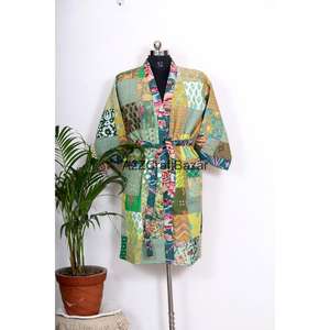 Kimono indien vintage fait main Kantha pour femme, col en V, cordon de serrage, manches trois-quarts, robe de luxe 100% coton, séchage rapide, doux - Product Image 1