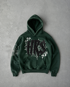 Sudadera con Capucha Gráfica Gótica Verde, de Algodón Lavado Pesado, Forro Polar de Invierno, Ajuste Regular, Estilo Urbano para Hombre - Product Image 1