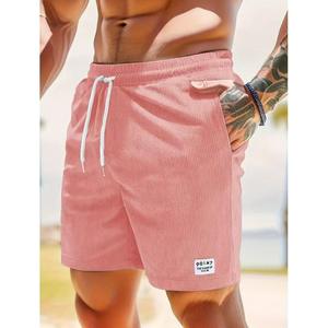 Shorts en velours côtelé rose pour homme, taille élastiquée avec cordon de serrage, poches, style décontracté, couleur unie, taille mi-haute, respirant - Product Image 6