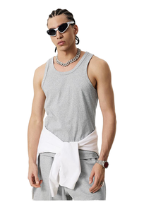 เสื้อกล้ามถักคอโอเวอร์ไซส์สีเทาสำหรับผู้ชาย ผ้าฝ้ายระบายอากาศ สไตล์ลำลอง สีพื้น - Product Image 5