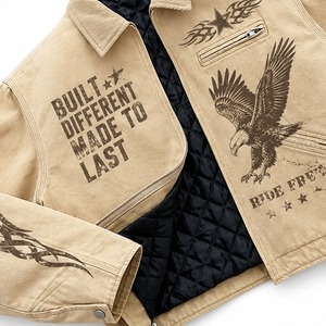 Veste en jean kaki vintage personnalisée avec imprimé graphique d'aigle, doublure matelassée, col rabattable, fermeture éclair, veste de travail unisexe pour un confort optimal - Product Image 4