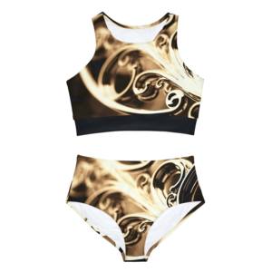 Conjunto de bikini con estampado geométrico para mujer, top corto tipo bandeau con cuello halter y cintura alta, lazo lateral, traje de baño de dos piezas de spandex y poliéster - Product Image 6