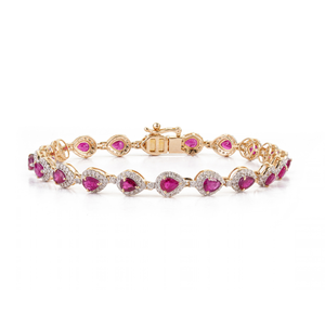 Pulsera de Tenis con Halo de Diamantes y Rubíes en Corte Pera de 4x3mm, Piedra Preciosa, Regalo de Aniversario, Piedra de Nacimiento de Julio, Joyería de Oro Amarillo de 14K - Product Image 1