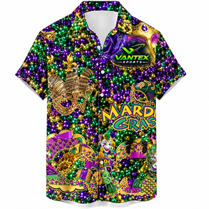 Chemise Hawaïenne Décontractée Vantex Sports pour Homme, à Manches Courtes, Imprimé Floral Mardi Gras, Style Popeline Respirant, Idéale pour les Vacances d'Été, 100% Coton - Product Image 1