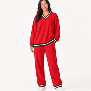 Haut à manches longues col en V et pantalon ample à jambes larges – Vêtements de détente confortables de qualité supérieure – Vente en gros OEM - Product Image 3