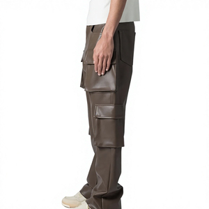Men brown PU leather pants High waist biker <b>trousers</b> Zipper fly multiple pockets Windproof straight fit pants - Product Image 2