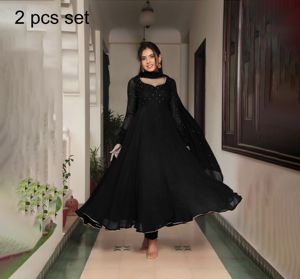 Robe longue Anarkali en faux georgette de style indien traditionnel avec dupatta de créateur, manches longues, tenue de soirée, ensemble 2 pièces - Product Image 1