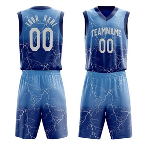 Conjunto de Uniforme de Baloncesto Sublimado Personalizado, Cuello en V, Sin Mangas, Absorbente de Humedad, Unisex, para Adultos, con Estampado de Rayos Azules - Product Image 1
