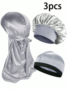 3pcs Men's Satin Headwrap Beanie And Cap Set Breathable Comfortable Casual Headwear - Product Image 1